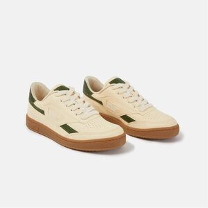 Cream and Green Low-Top Sneakers with Lace-Up Closure and Smooth Upper